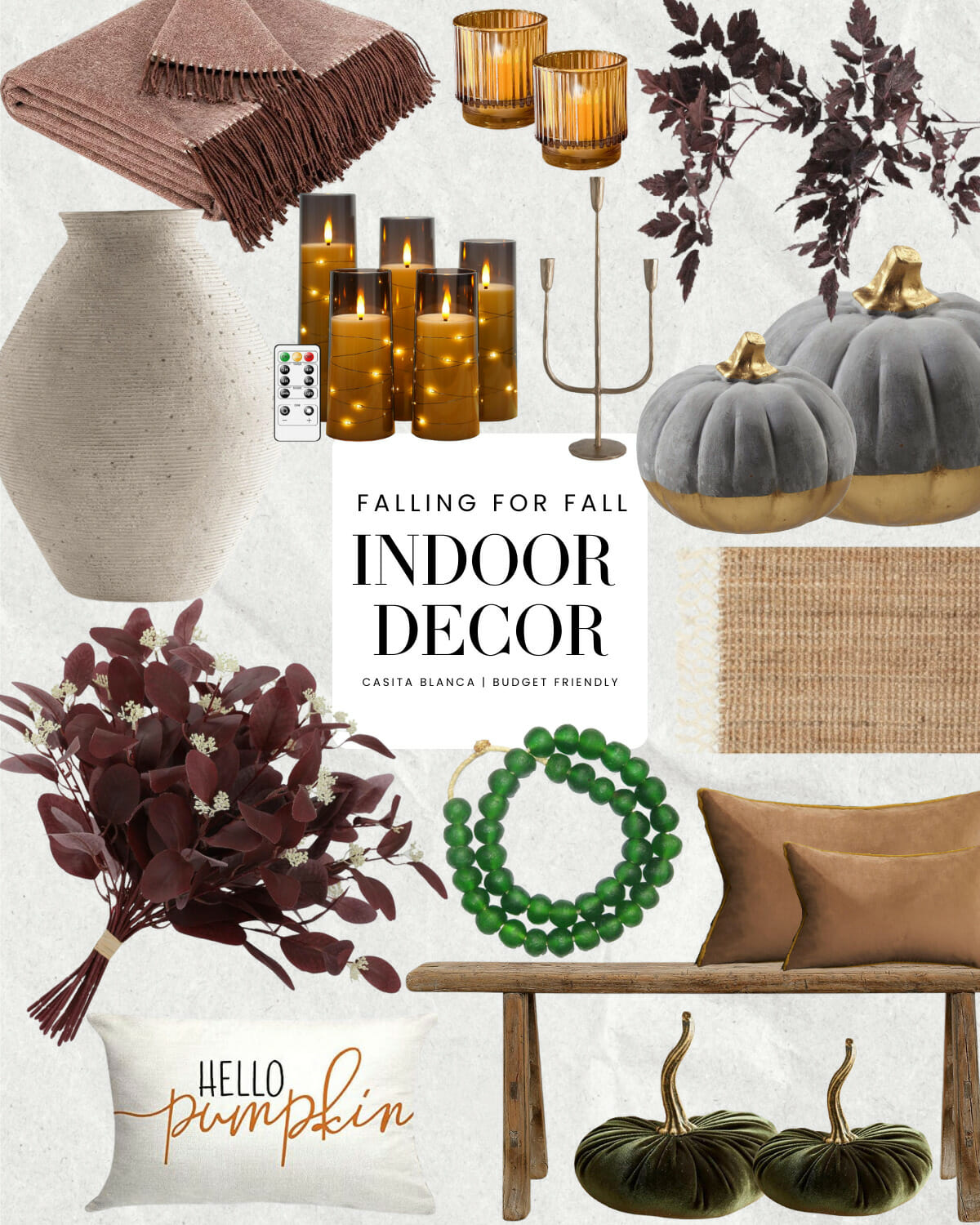 fall must haves | #fall #indoor #decor #falldecor #halloween #homedecor #pillow #bench #floral #fauxfloral #beads #candle #lighting #pumpkin #rug #vase