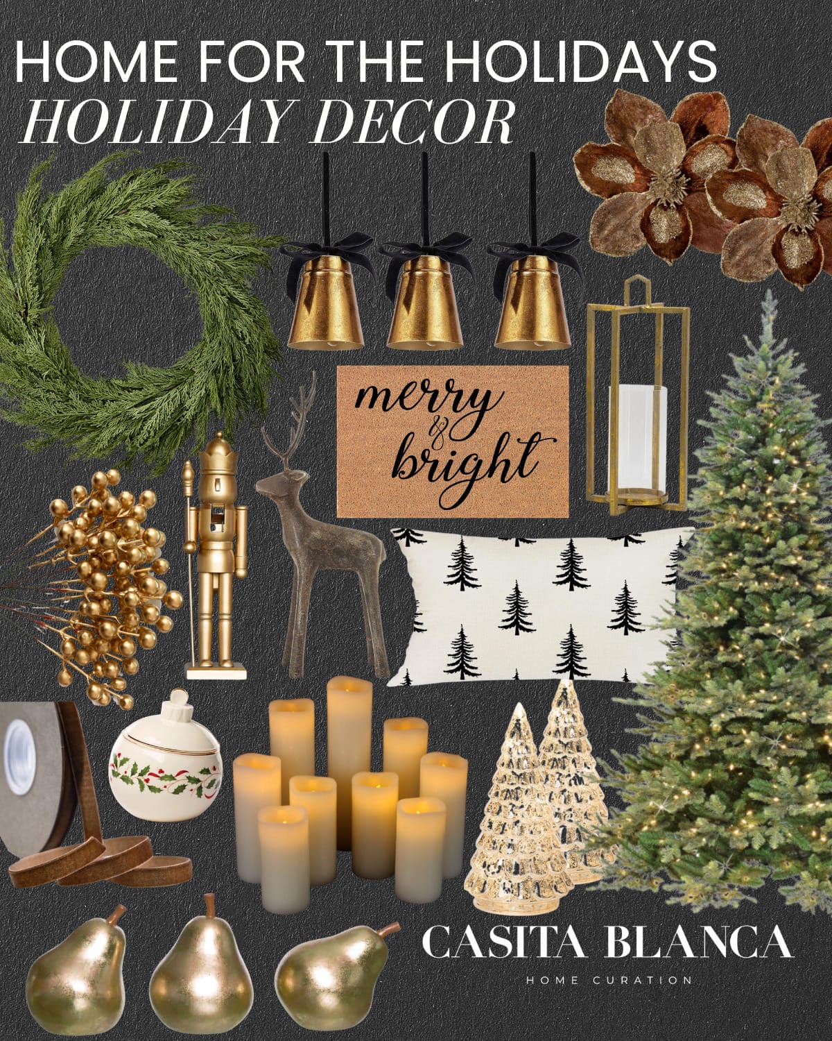 home for the holidays holiday decor | #home #holidays #christmas #holidaydecor #holidayhome #christmastree #wreath #nutcracker #pillow #bells #merry #bright