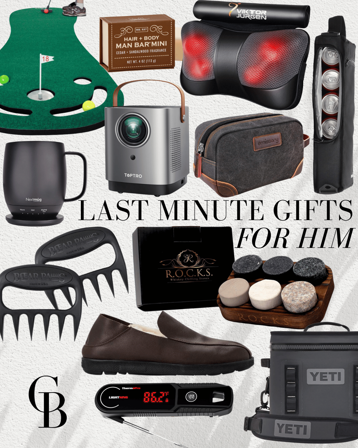 last minute gift ideas | #last #minute #gifts #giftideas #giftsforhim #giftforhim #him #giftforhusband #golfgift #outdoors #slippers #whiskeystones #mug #meatclaws #projector #travel