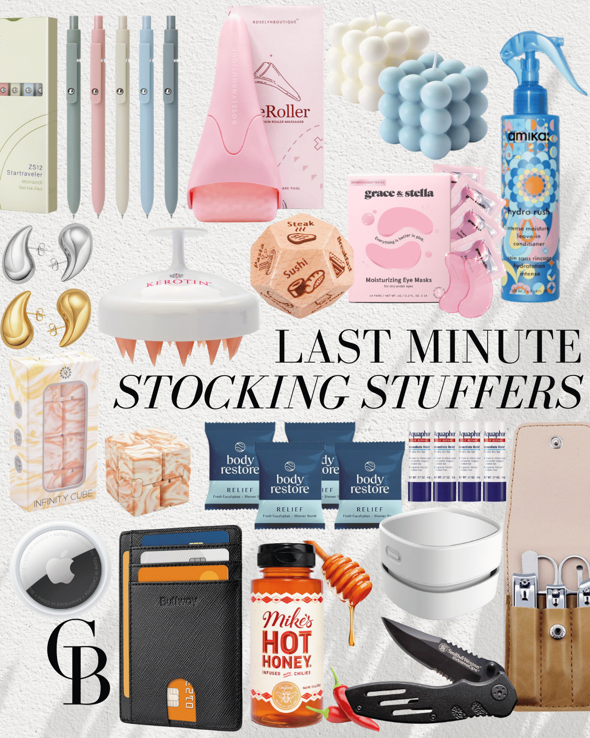 last minute gift ideas | #last #minute #gifts #giftideas #stockingstuffer #stockings #pens #haircare #airtag #showersteamers #iceroller #haircare #fidgetcube
