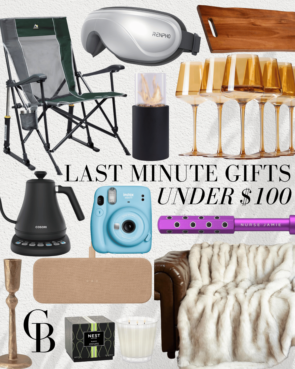 last minute gift ideas | #last #minute #gifts #giftideas #giftsunder100 #under100 #giftideasunder100 #rockingchair #camping #blanket #polaroid #kettle #wineglass #candle #eyemassager #cheeseboard