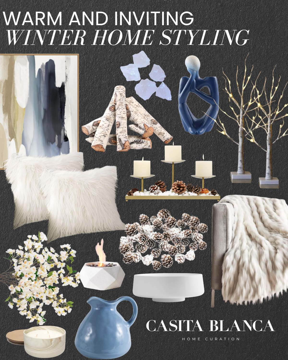 tips for styling your home during the winter months | home, home styling, winter months, winter decor, winter season, home decor, blue, winter blue, white, vase, wall art, faux floral, fire ppit, faux fur, fluffy pillow