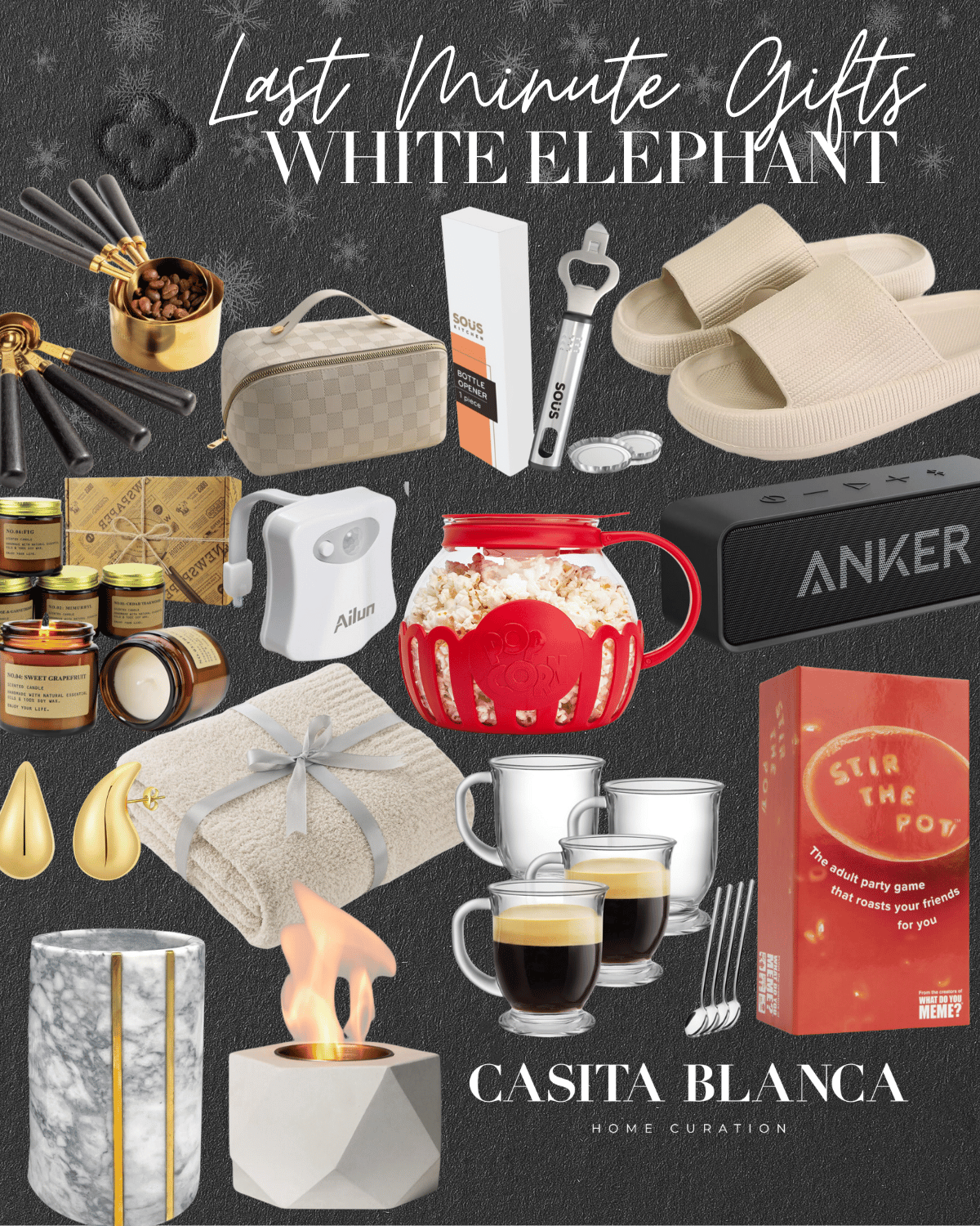 last minute gift ideas | #last #minute #gifts #giftideas #whiteelephant #secretsanta #giftideasforwhiteelephant #popcorn #fire #game #blanket #earrings #slippers