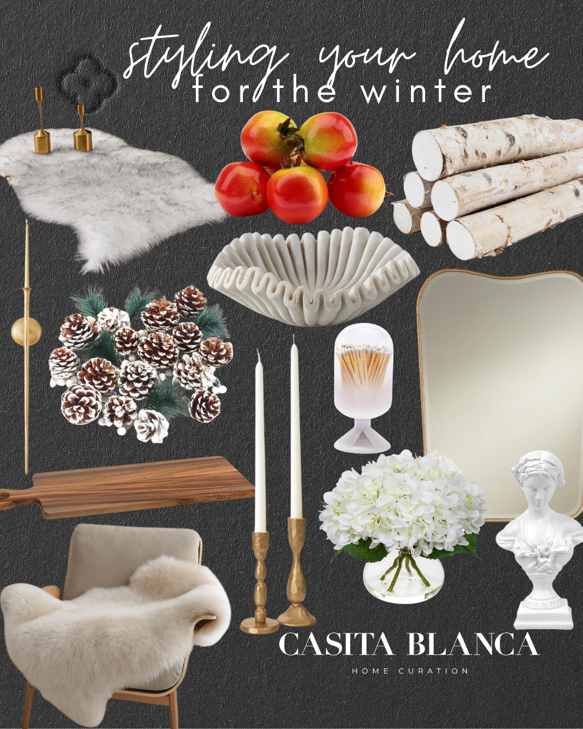 tips for styling your home during the winter months | home, home styling, winter months, winter season, winter decor, home decor, pomegranates, faux fur, mirror, florals, birch wood, grazing board, frosted