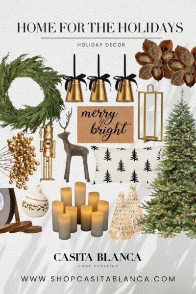 home for the holidays holiday decor | #home #holidays #christmas #holidaydecor #holidayhome #christmastree #reindeer #welcomemat #candles #ribbon #bells #flowers