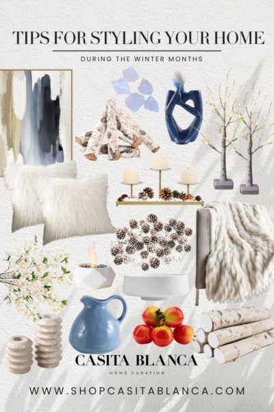 tips for styling your home during the winter months | home, home styling, winter months, winter decor, winter season, home decor, home decor tips, winter blue, white flowers, pomegranates, birch wood, wall art, modern home